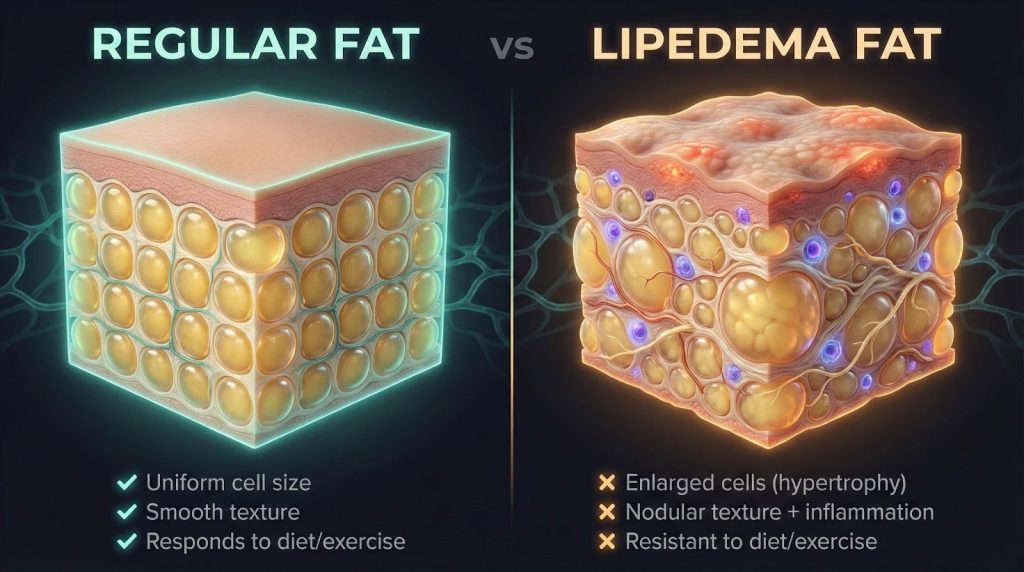 Side-by-side comparison of regular fat and lipedema fat, highlighting lipedema differences in cell size, texture, inflammation, and their varied response to diet or exercise.