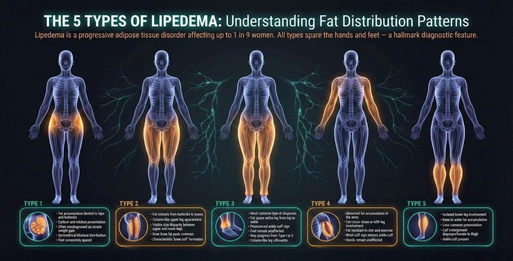 Illustration of five human figures showing lipedema fat distribution patterns for the five types of lipedema, with descriptive text boxes under each type highlighting lipedema differences compared to regular fat.