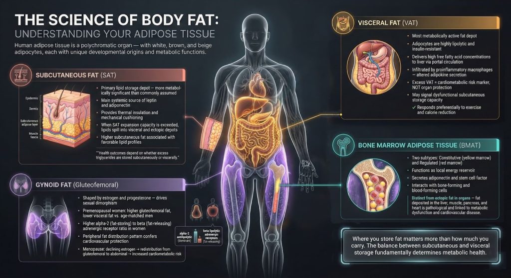 Infographic explaining types of body fat—regular fat, subcutaneous, visceral, bone marrow, lipedema fat, and gynoid—with descriptions, functions, and visual diagrams of human anatomy.