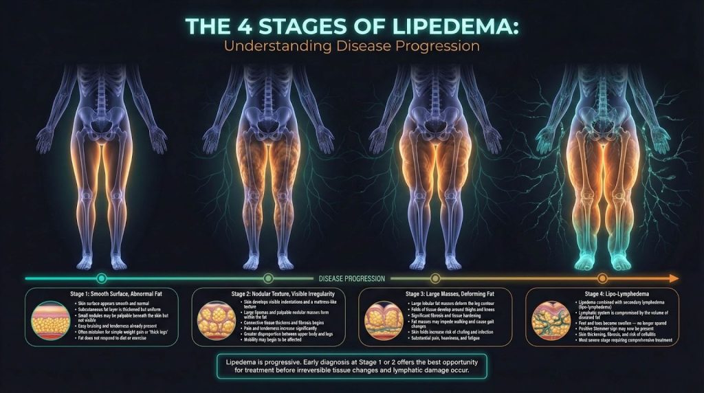 Infographic showing the four stages of lipedema with images of legs and descriptions of disease progression, Lipedema fat accumulation versus regular fat, and tissue changes.
