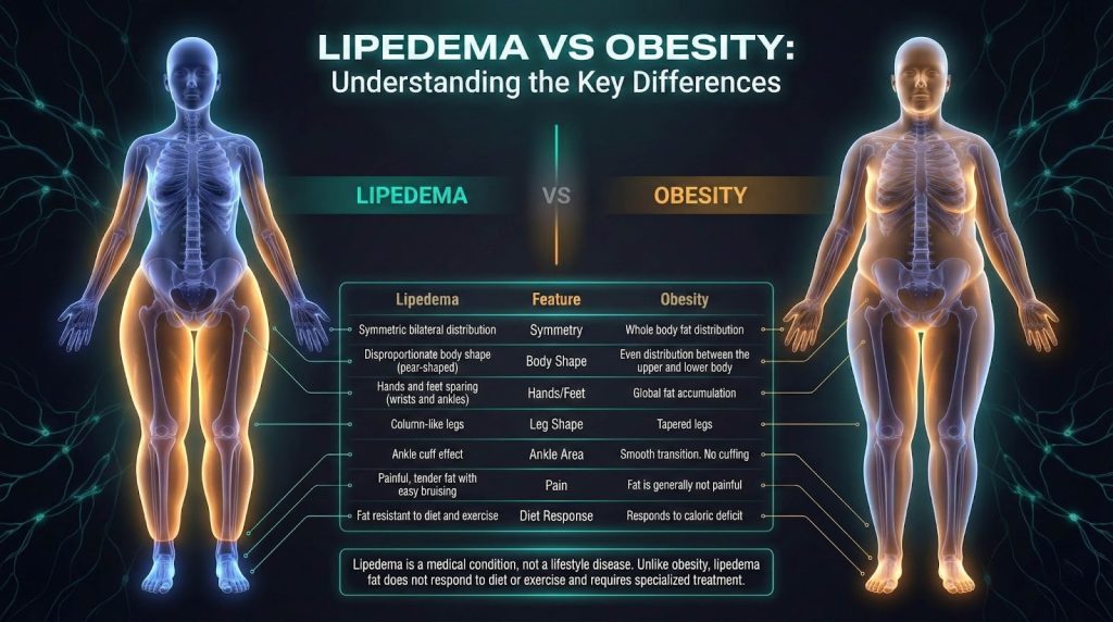 Infographic comparing lipedema and obesity, showing two human figures with labeled symptoms and differences in body shape, fat distribution, pain, and response to diet or exercise.