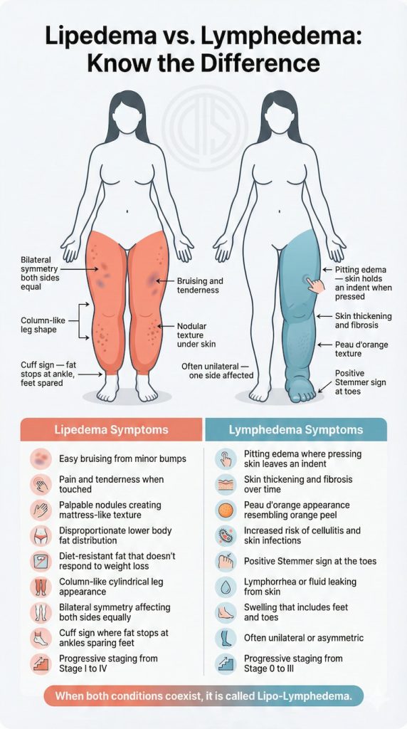 Infographic comparing Lipedema and Lymphedema, highlighting differences in leg swelling, skin texture, symptoms, and progression, with illustrations showing affected body areas on two female figures.